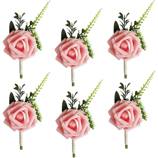 6 stk. Bryllupsknapphull for menn, Corsage Knapphull, Kunstige rosa roser, for bryllup