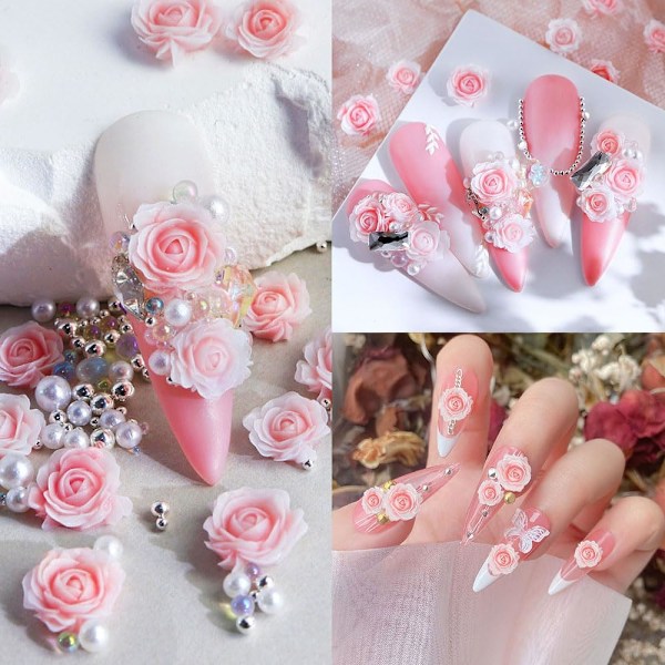 3-pack 3D Rosa Ros Blommor Nagelberlocker Blommor Nagelkonst Berlocker Nagel Pärlor Blomberlocker för Nageldesign Nagelblommor Ro
