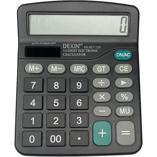 1 stk. Sort Stor Knap Solcelledrevet Bordregner med 12-cifret LCD-display til Hjem og Skole, Mini Regner, Standardfunktioner