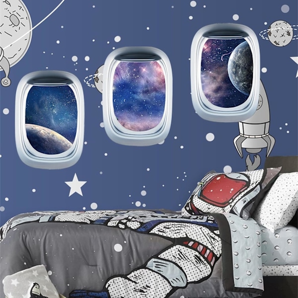 3 stycken 3D rymdväggdekaler för barnrum, planet astronaut väggdekaler, rymd galax väggdekal, pojkar och flickor B