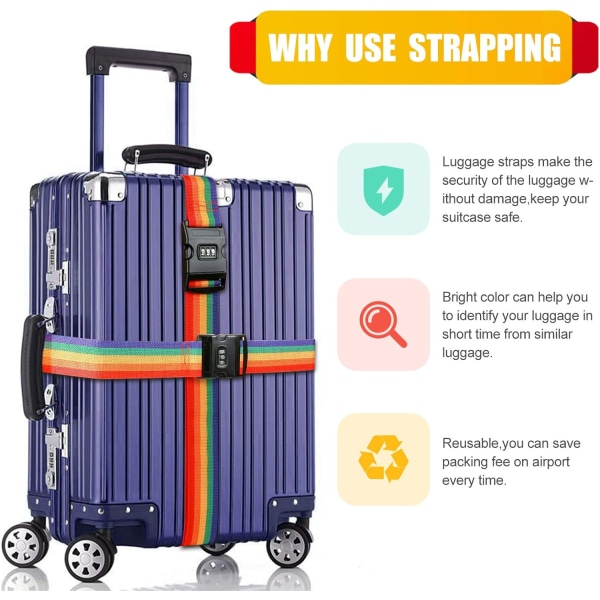 3 stk bagasjestropper, justerbar reisepassordlås Pakkebelte