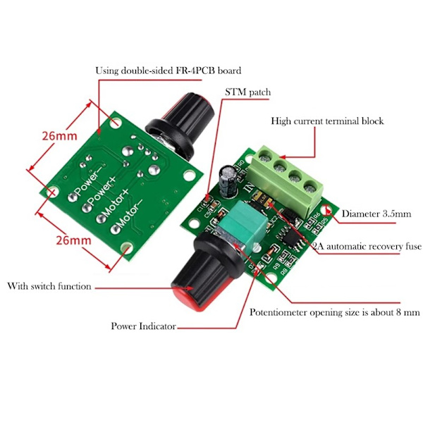 2 stk. 1,8v 3v 5v 6v 7,2v 12v 2A 30W Lavspændings DC-motorhastighedsregulator PWM 1803BK 1803B Justerbar kontrolkontakt
