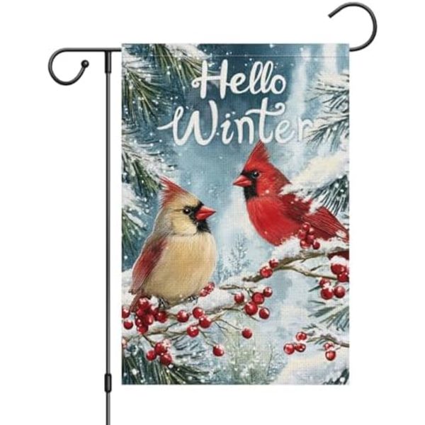 12x18 Tommer  Hello Winter Haveflag Kardinal Fugl Snedækket Dobbeltsidet Velkommen Lille Feriegård Haveflag Udendørs