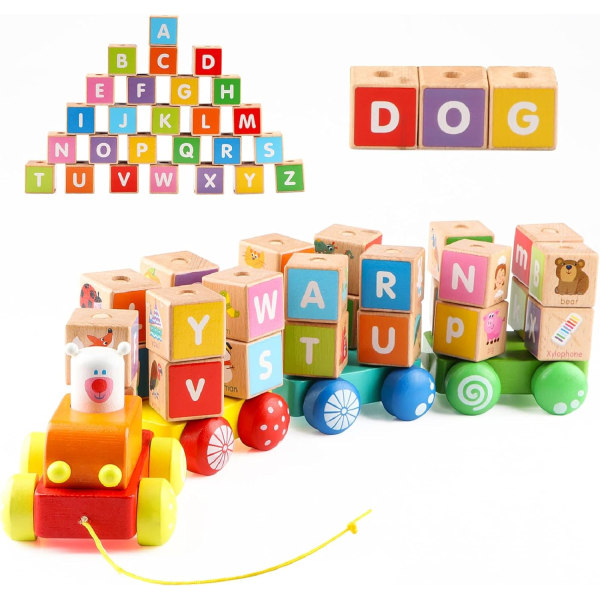 Træbloklegetøjsvogn med pædagogiske bogstaver og illustrerede terninger Førskolelegetøj til småbørn