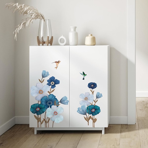 Blå och vit blomväggdekal, blommig växtväggdekal, flygande fågel väggdekal, lämplig för vardagsrum, sovrum, hemmakontor, soffbakgrund