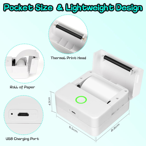Mini thermal bärbar fotoskrivare, uppladdningsbar Instant Wireless Pocket Printer kompatibel med iO