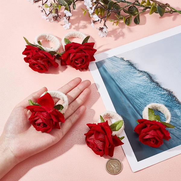 Blomservett Rings Set om 6 Konstgjorda Ros Röda Blomservett Ri