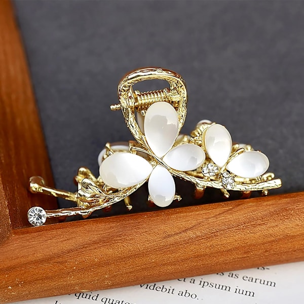 Butterfly Hair Clip White Cat Eye Hair Claw Clips Metal Flower Hair Clip with Shiny Rhinestone Design Non-slip Hair Clip