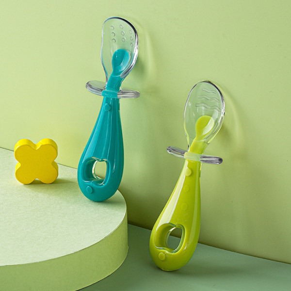 Set med 2 - Blå & Grön Sensoriska Lärskedar, Ergonomisk Silikon & BPA-fri | Mjuk Babysked för Självständig Inlärning