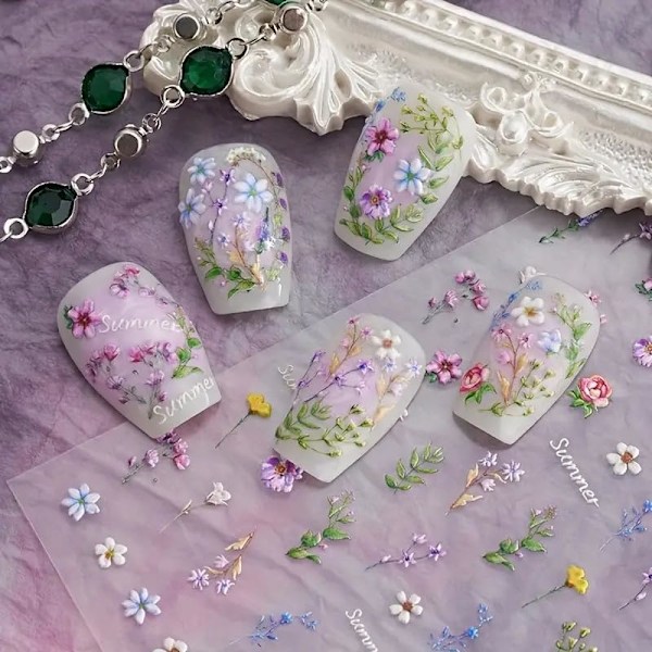 12cm Blomsternageldekaler för Nagelkonst - Blommor Nagelkonstdekaler Sommar Blommig Blad Växt 5D Präglade Nageldekaler Självhäftande Nageltillbehör Manikyr