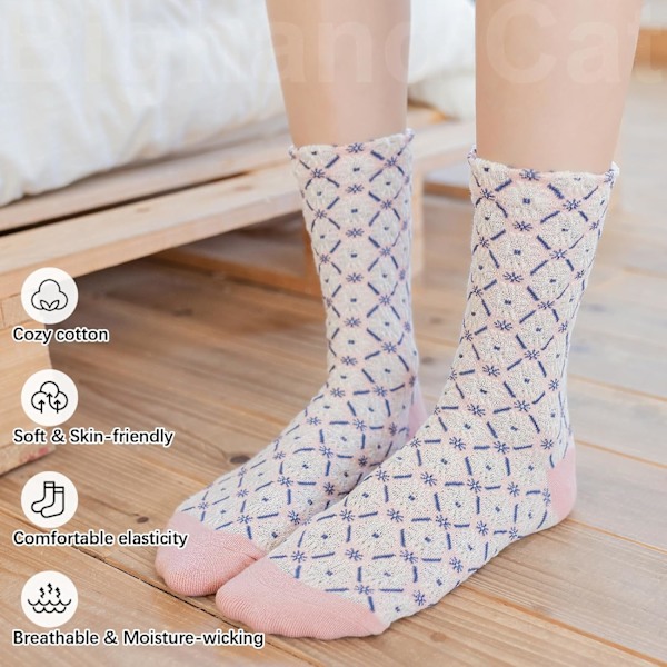 5 Par Damsockor i Mode - Söta Bomullsstrumpor med Roliga Mönster - Crew Socks - Semestergåvor till Kvinnor