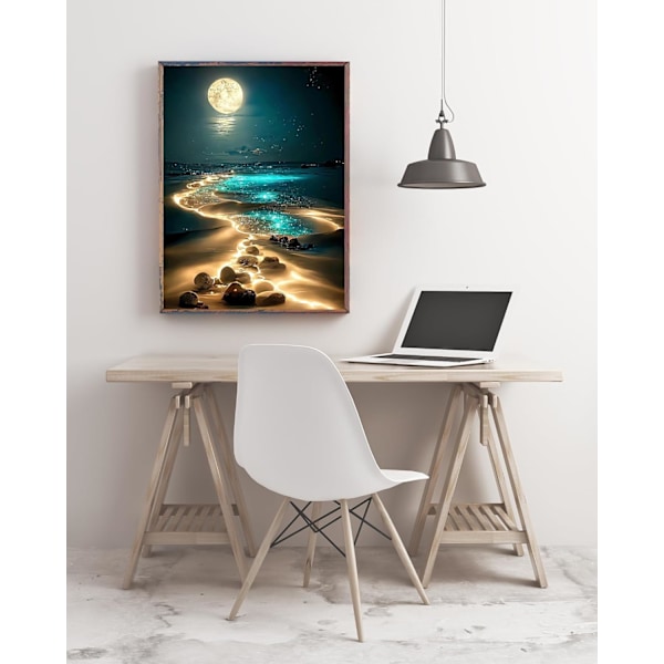 30x40 cm Kuutamo Ranta Timanttimaalaussarjat Aikuisille, 5D Merenranta Kuu Timanttitaidesarjat Aloittelijoille, DIY Täysi Porras Maali Timanteilla, Koti Se