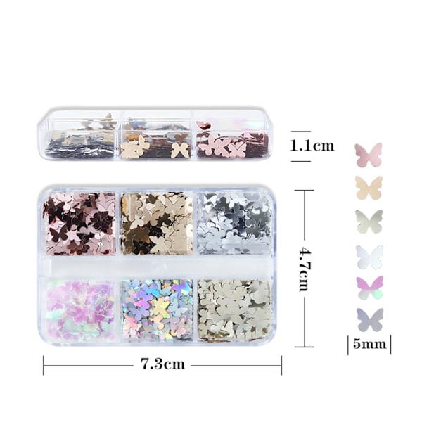 1 Set Vår/Sommar Nageldekoration - 6 Fack med Retro Holografiska Laserfjärilsglitterpaljetter, Delikat Nagelkonstdekal