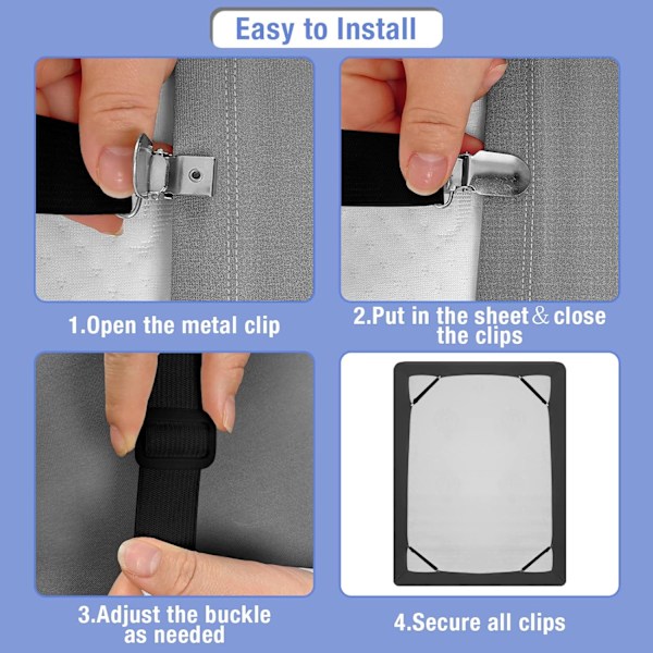 Sett med 8 sengetilbehør, justerbar lakenstrammer, elastisk lakenstropp for laken, sofa, strykebretttrekk