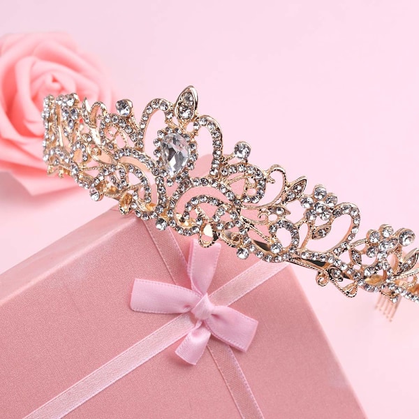 Guld Krystal Tiara Krone Hårbøjle Prinsesse Elegant Krone med kamme til Kvinder Piger Brude Bryllup Prom Fødselsdagsfest