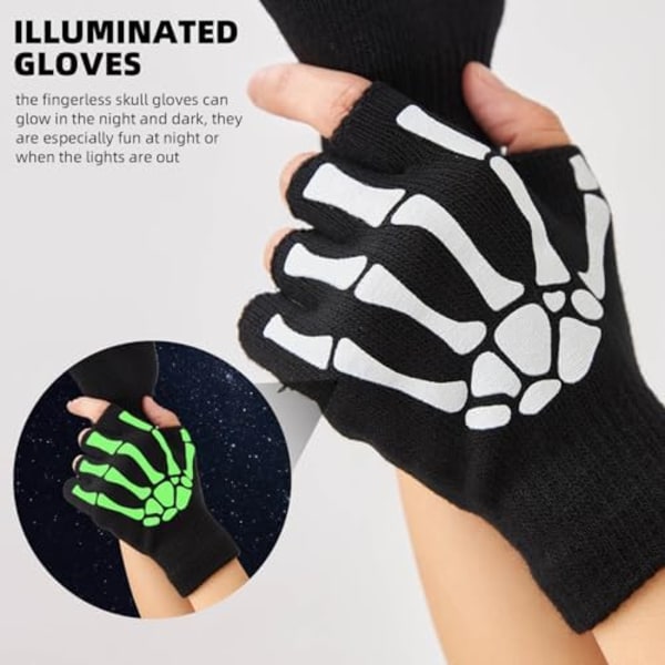 Skelet-Håndske til Kvinder Mænd Voksne Fingerløse Goth Håndske Gløder i Mørket Halloween Kostume Emo Tilbehør