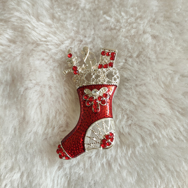 Vintage Christmas Red Santa Strumpa Sock Bling Crystal Xmas Pins