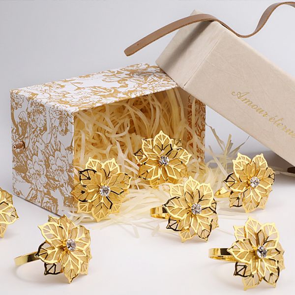 12 st guld Hål ut Blomma Servett Ringar Legering Blommig Rhinestone Servett Hållare Set Prydnad Utsökt Hushåll för C