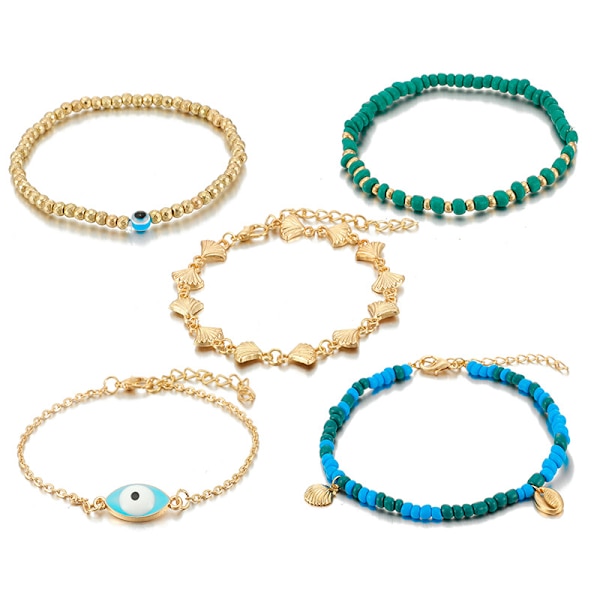 Simsly 5-pack Boho Anklets Set Strandarmband med Pärlor Legering S