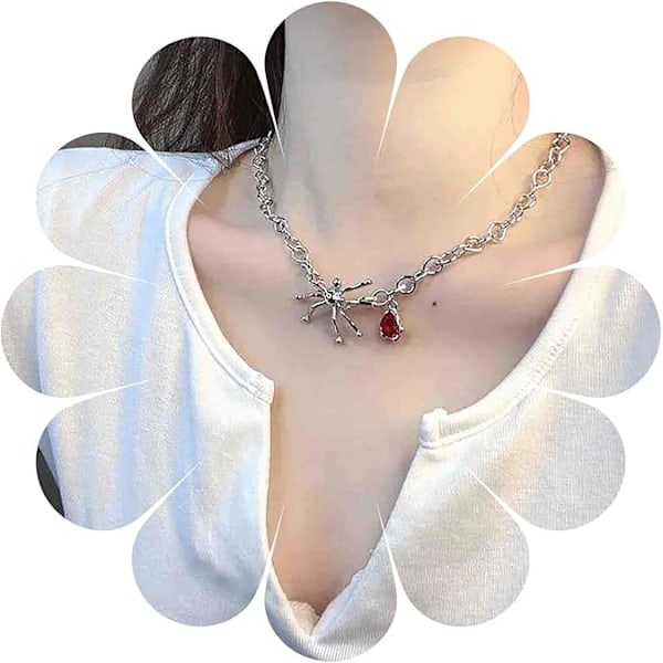 Goottilainen Rubiini Hämähäkkipendantti Kaulakoru Punainen Rubiini Kyynel Kaulakoru Rubiini Kristalli Choker Kaulakoru Hopea Curb Ketju Kaulakoru H