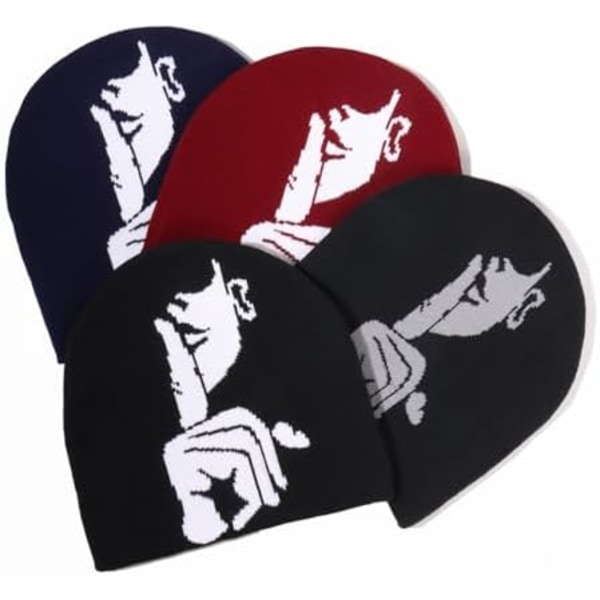 Y2K-mössor för män och kvinnor, ansiktsmönstrade broderade beanie-mössor i akryl, mjuka, varma, vintermössor med muddar