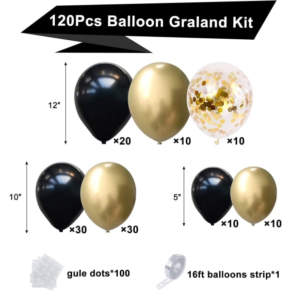 120 stk. sorte og gullfargede ballonger, sorte og gullfargede metalliske chr