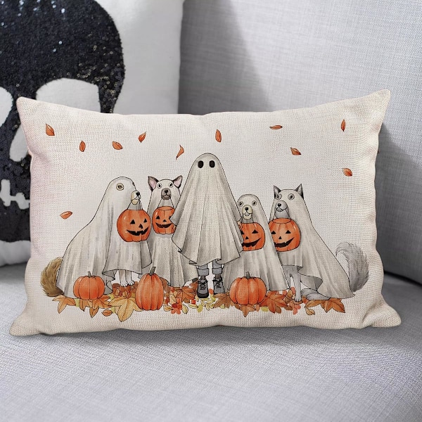 Halloween Putetrekk 12x20 tommer Halloween Spøkelses Hunder Gresskar Lumbar Putetrekk for Høst Halloween Dekorasjoner Hallo