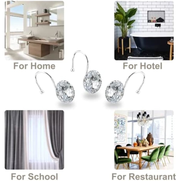 2,5 tommer 12 stk Dusjforhengkroker Ringer til Bad, Rustfritt Stål Rustbestandig Dekorative Rhinestones Henger for