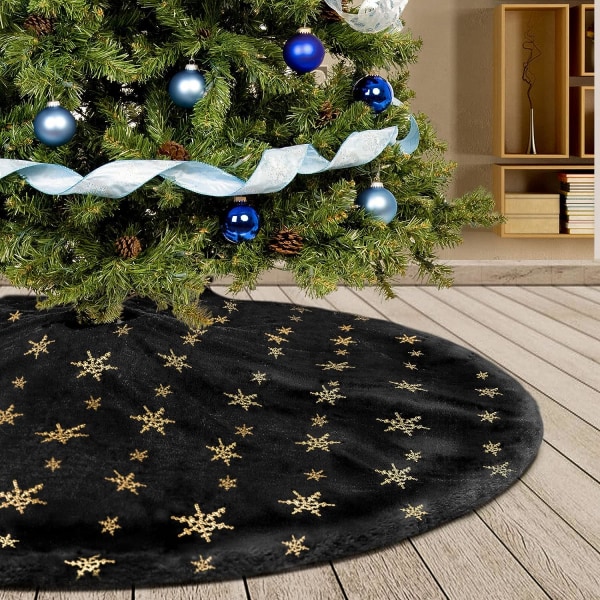 122 cm Plys sort juletræsnederdel med guldsnefnug