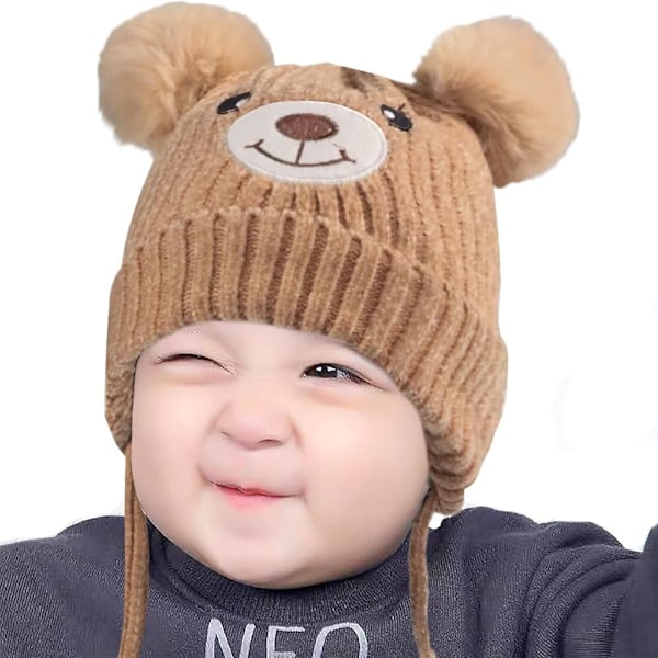 Børne Strikket Huer Vinter Toddler Hat med Pompom Sød Bjørn Strikket Børn Dobbelt Pompom Balaclava Huer Fleeceforet Ba