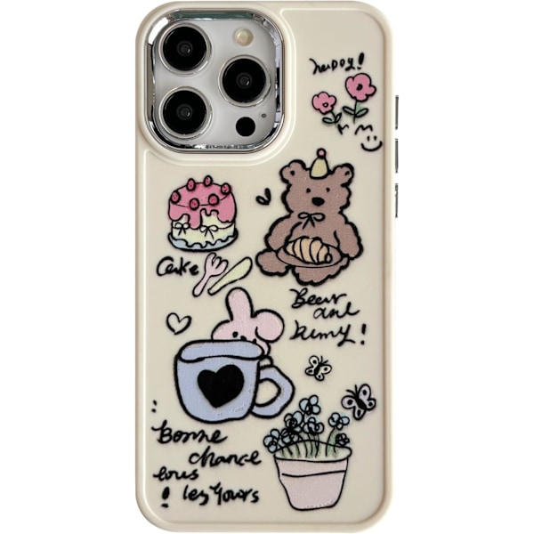 Söpö sarjakuva karhu pupu kakku kukka kukkaruukku pehmeä puhelinkotelo, yhteensopiva iPhone-kotelon kanssa (valkoinen, iPhone 16 Pro Max -puhelimelle)