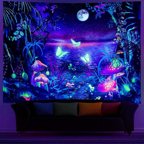 (130 cm × 150 cm) Blacklight Fantasy Forest Tapestry Estetisk Måne Tapestry UV-Reaktiv Fjäril Väggbonad Galaxy Rymd Väggbonad för Sovrum