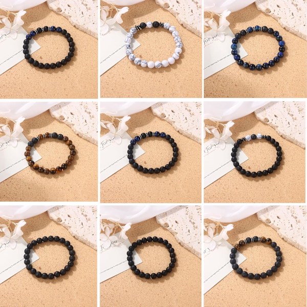 10 st Tigeröga Armband för Män 8MM Naturliga Stenpärlor Armband Set Stretch Lava Sten Armband Justerbar Svart Kristall