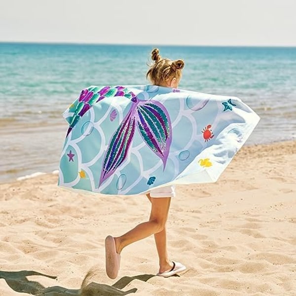 Havfrue Strandhåndklæde - 75 x 150cm Havfruehale Polyester Camping Håndklæder til Piger Børn Hurtigtørrende Ultra Absorberende Super Blød