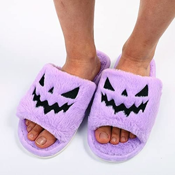 Spooky Slides Halloween-Tøfler Jack O Lantern Græskar Blød Plys Hyggelig Åben Tå Indendørs Udendørs Fuzzy Tøfler Gave Til