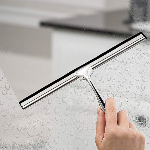 Dusj-squeegee i rustfritt stål, silikon dusj-squeegee med krok, ingen boring, vindusvasker for bad, speil, fliser