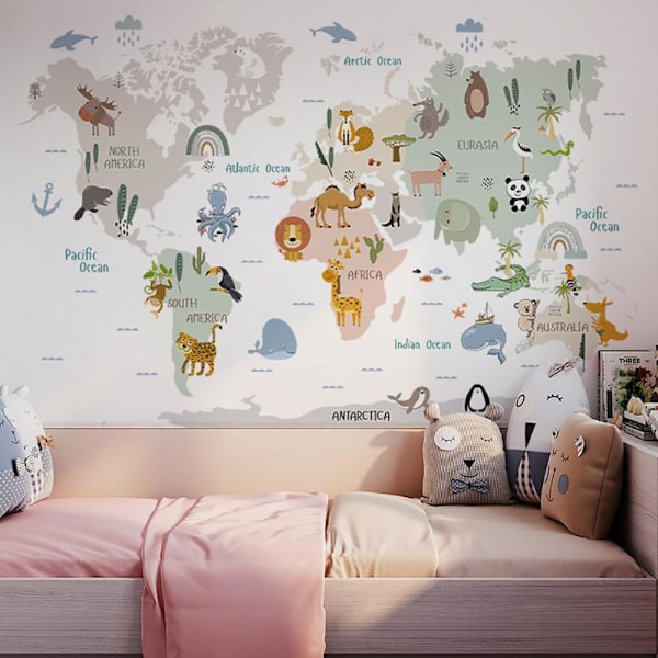 1 st Animal World Map Väggdekaler Cartoon Lejon Björnar Resa Väggdekaler Baby Barn Sovrum Barnkammare Småbarnsrum Vägg S