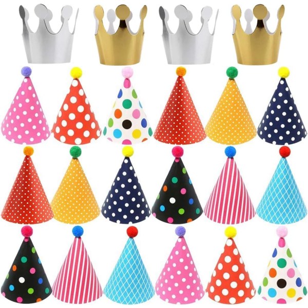 22 kpl Syntymäpäiväjuhlahattuja lapsille, Happy Birthday Crown -hattu ja värikkäät juhlakartiohatut Pompon kanssa
