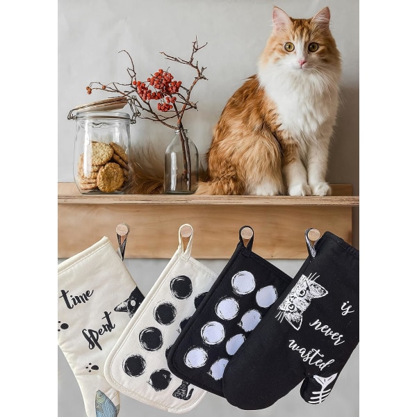 Set med 6 bomulls grytlappar och grytlappar - Kattmönster - I