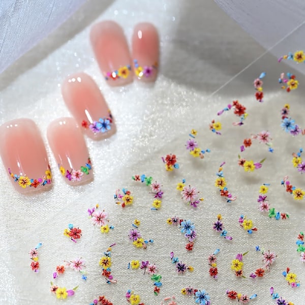 1 ark präglade blomsternageldekaler för nagelkonst fransk torkad blomsternagelkonst klistermärken vår sommar nageldekaler självhäftande söta färgglada små