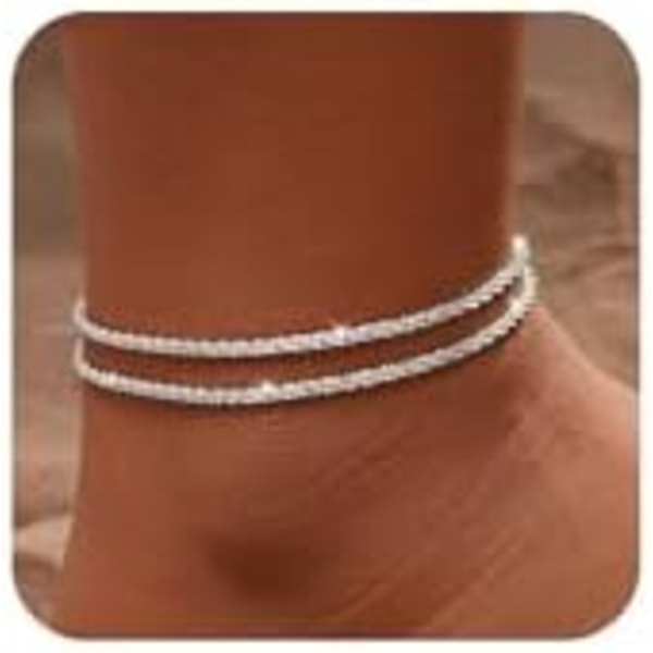 21+7CM Silver Ankelkedjor för Kvinnor, Guld Ankelkedjor för Kvinnor Vattentäta Glittrande Kedja Rhinestone Ankelkedjor Set Stapelbara
