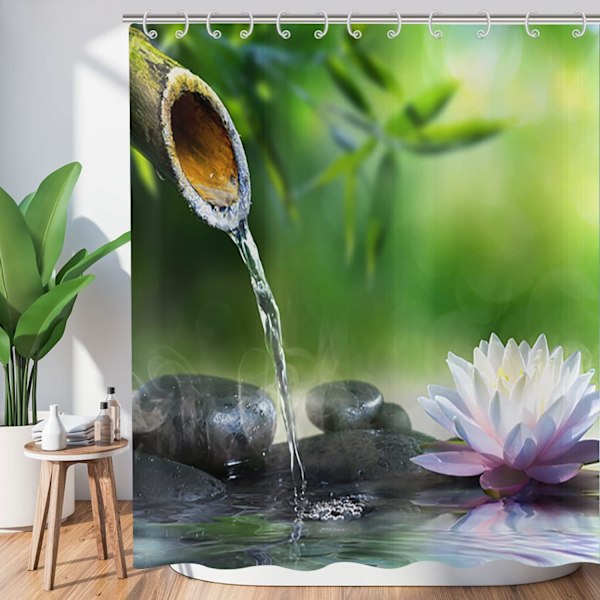 Zen Have Bruseforhæng 120x180, Grøn Bambus Sort Sten Hvid Blomst Badeforhæng Japansk Meditation Afslapning Vandtæt Stof Vaskbart Bade C