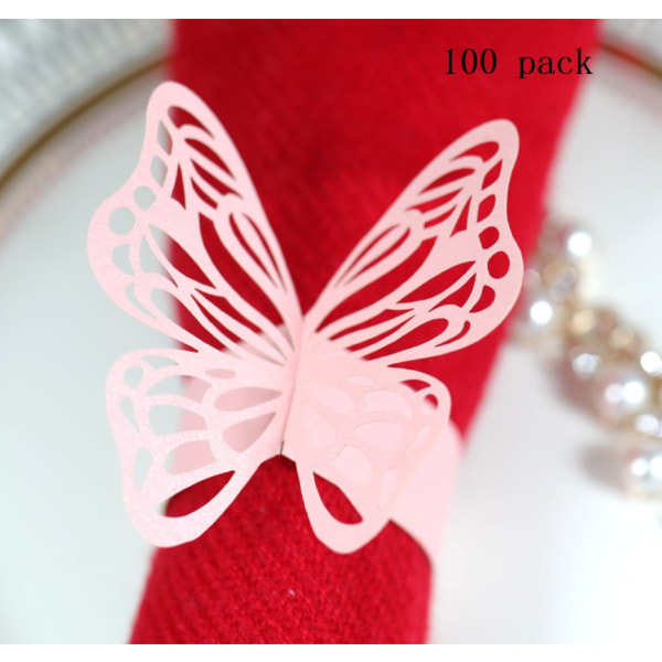 100 stk Butterfly Serviettringer Rosa, 3D Laser Cut Folie Papir Serviett Ring Spenner Holder Tab