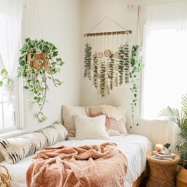 Kunstig Eucalyptus Veggdekorasjon Falske Grønne Blader Stilker Vegg Hengende Planter på Trepinne Boho Rustikk Landstil