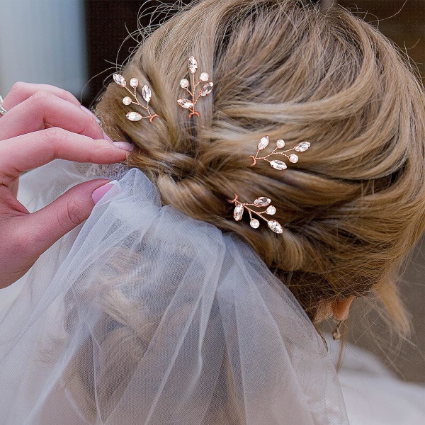 Sæt med 6 Crystal Pearl Rhinestone Brude hår klips Blomster bryllup