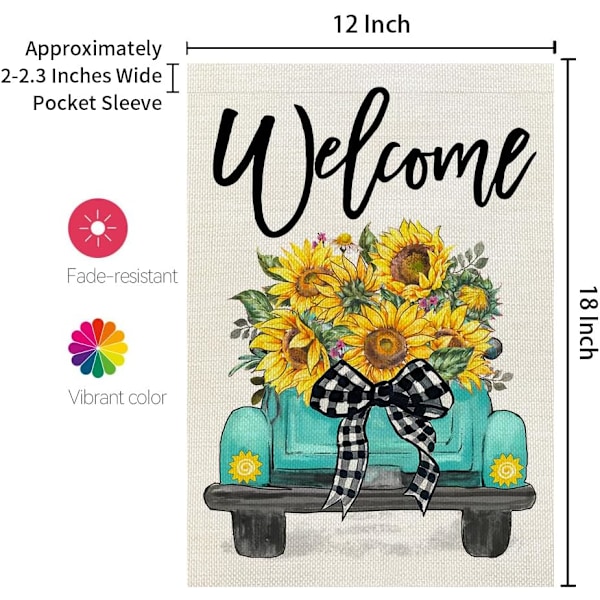 Sommer Haveflag Solsikker Lastbil 30x45 cm Lille Sækkelærred Velkommen Ferie Sæsonflag til Udendørs Have Dekoration