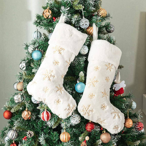 Plush Juldekorationer Strumpor 2st Vita Julstrumpor Presentstrumpor med Gyllene Snöflingor för Julbrasa D