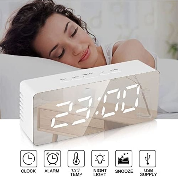 LED-spegelbordsklocka med snooze-funktion, temperaturvisning, digital väckarklocka för hem, sovrum, dekoration, vit