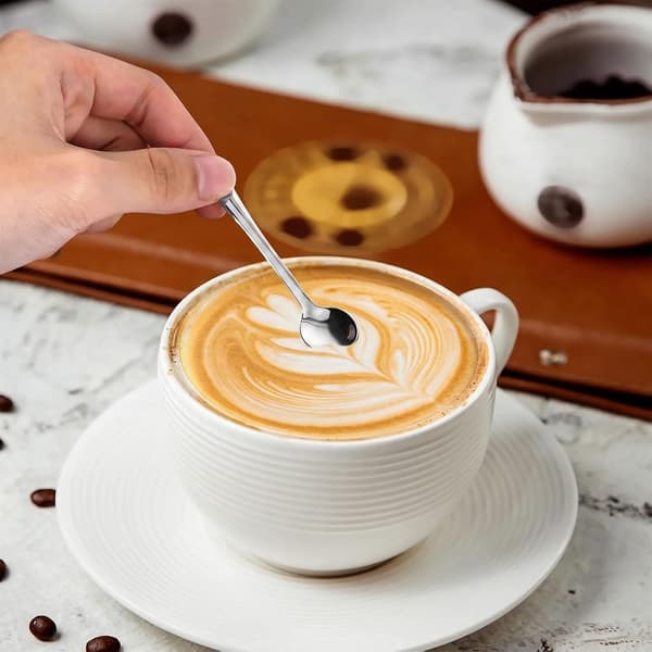 Sæt med 10 sølvfarvede espressoskeer i rustfrit stål - Mini krydderiskeer - 7,5 x 1,5 cm - Søde kaffeskeer - Velegnet til kaffe, honning, salt,