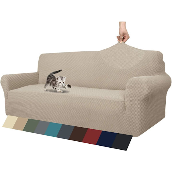 2-personers khaki super stretch jacquard sofaovertræk, skridsikkert, til